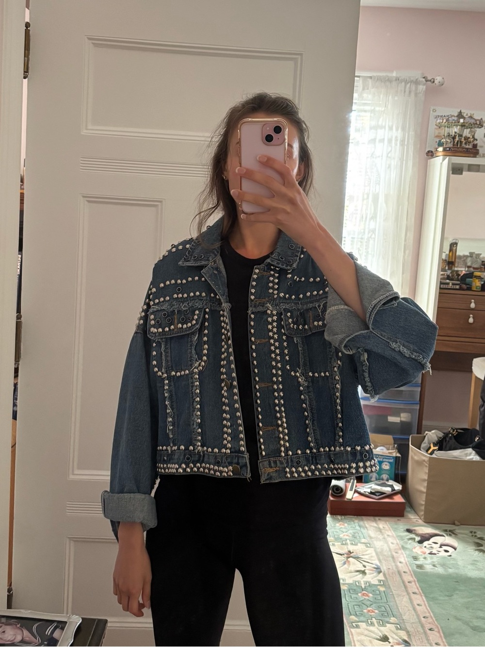 Studded Dark Blue Denim Jacket - Women